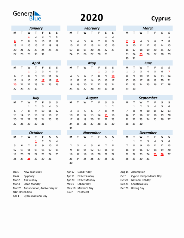 2020 Calendar for Cyprus with Holidays