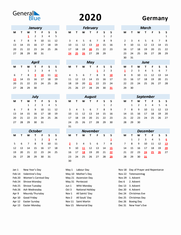 2020 Calendar for Germany with Holidays