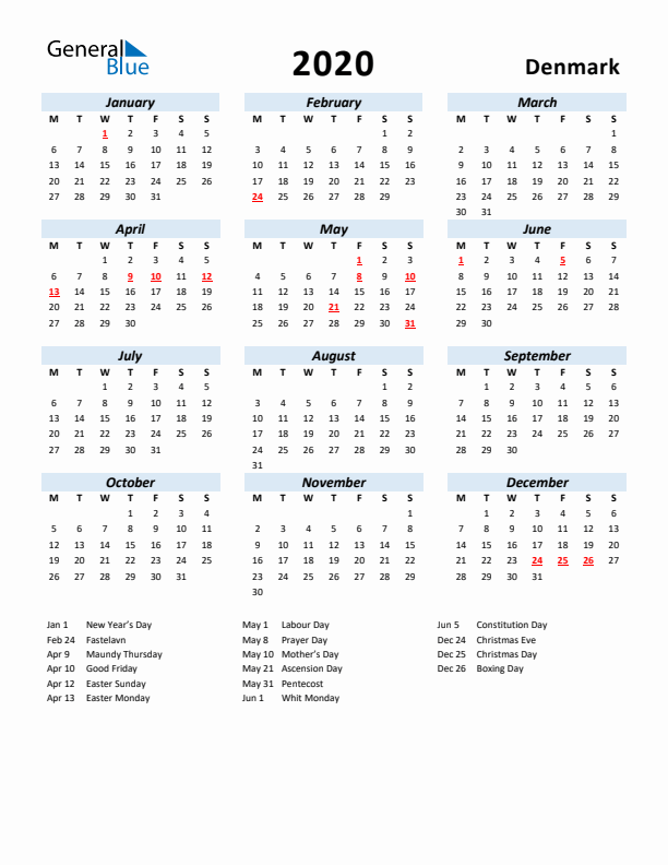 2020 Calendar for Denmark with Holidays