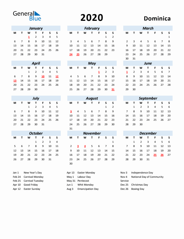 2020 Calendar for Dominica with Holidays