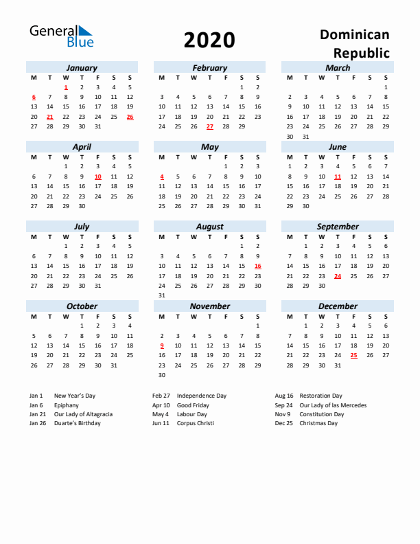 2020 Calendar for Dominican Republic with Holidays