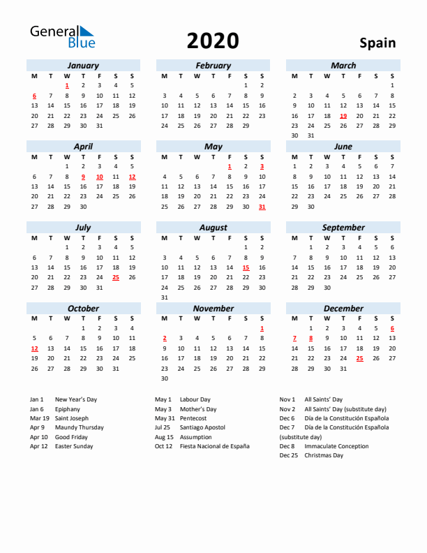 2020 Calendar for Spain with Holidays