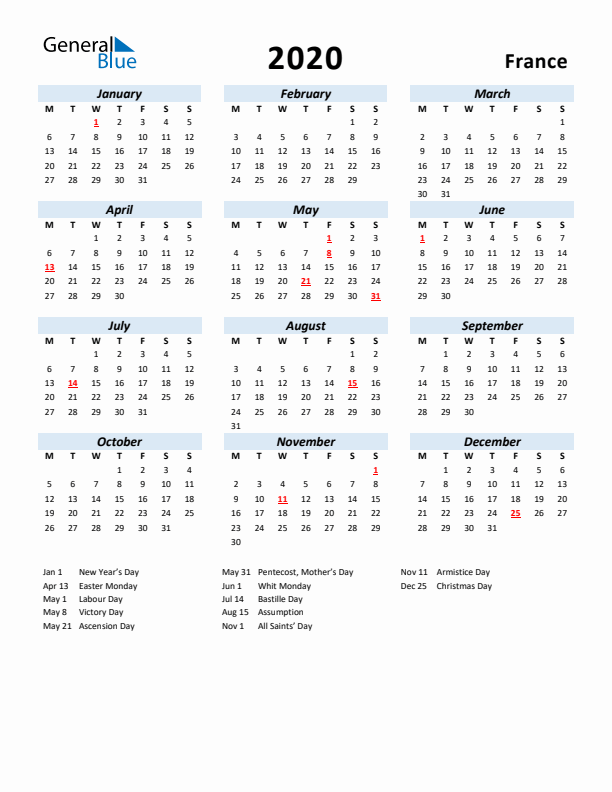 2020 Calendar for France with Holidays