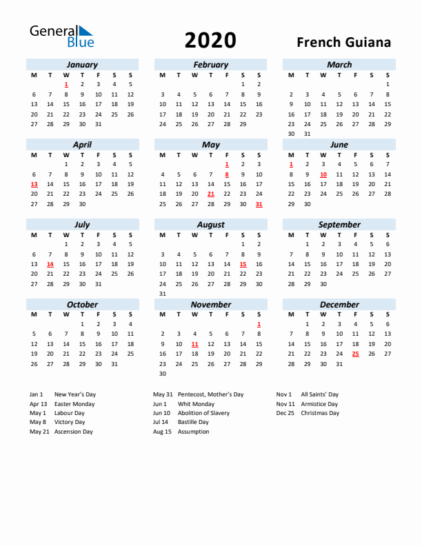 2020 Calendar for French Guiana with Holidays