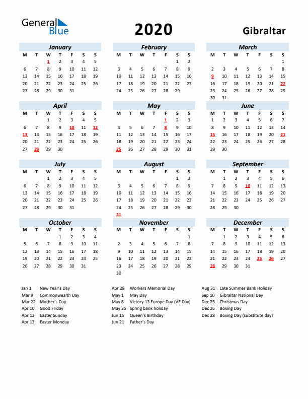 2020 Calendar for Gibraltar with Holidays