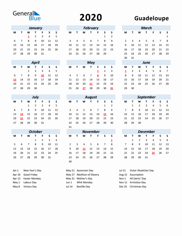 2020 Calendar for Guadeloupe with Holidays