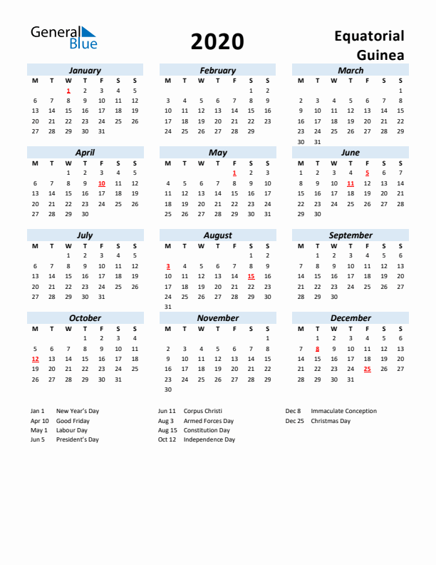 2020 Calendar for Equatorial Guinea with Holidays