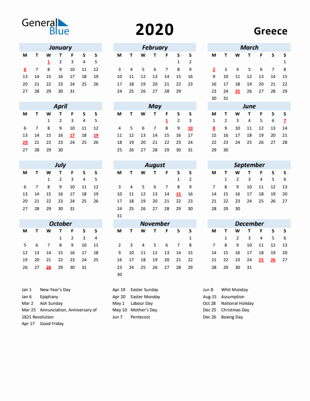 2020 Calendar for Greece with Holidays