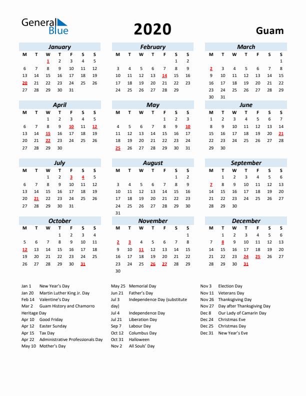 2020 Calendar for Guam with Holidays