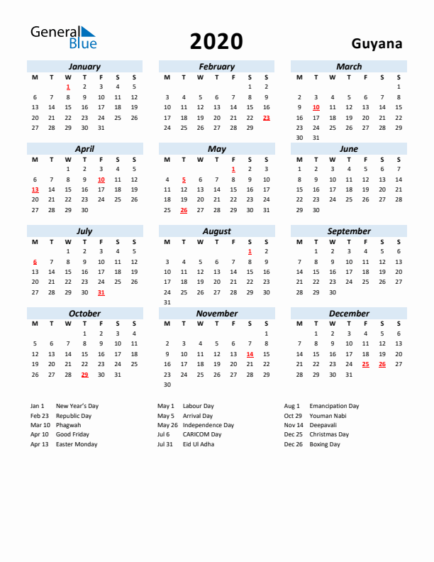 2020 Calendar for Guyana with Holidays