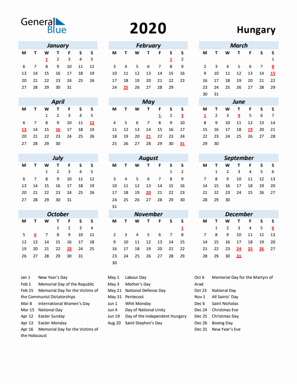 2020 Calendar for Hungary with Holidays