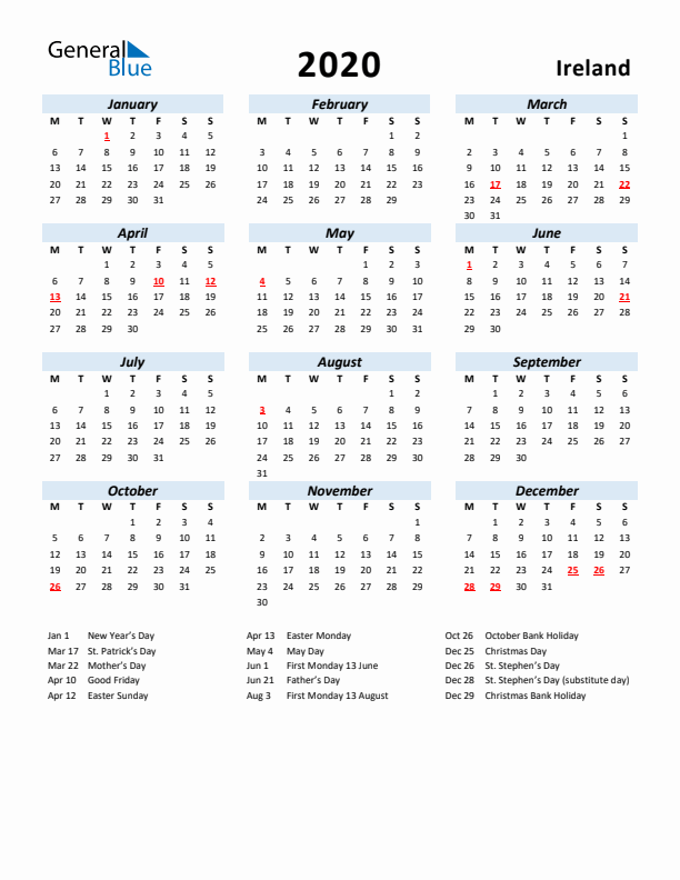 2020 Holiday Calendar For Ireland Monday Start