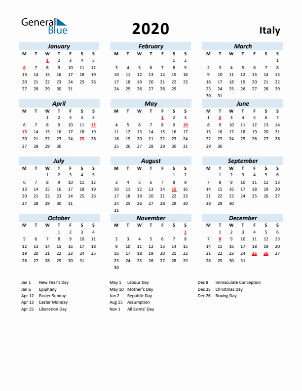2020 Calendar for Italy with Holidays