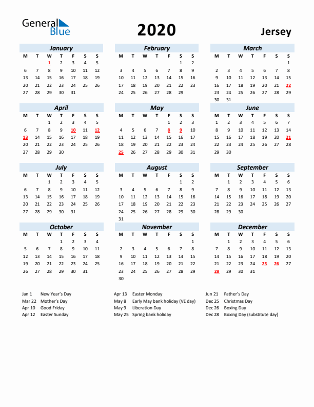 2020 Calendar for Jersey with Holidays