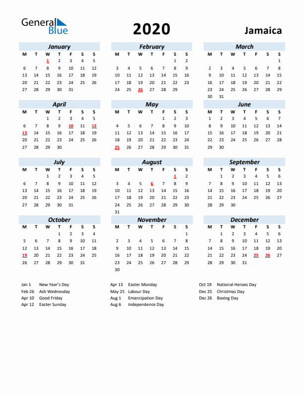 2020 Calendar for Jamaica with Holidays