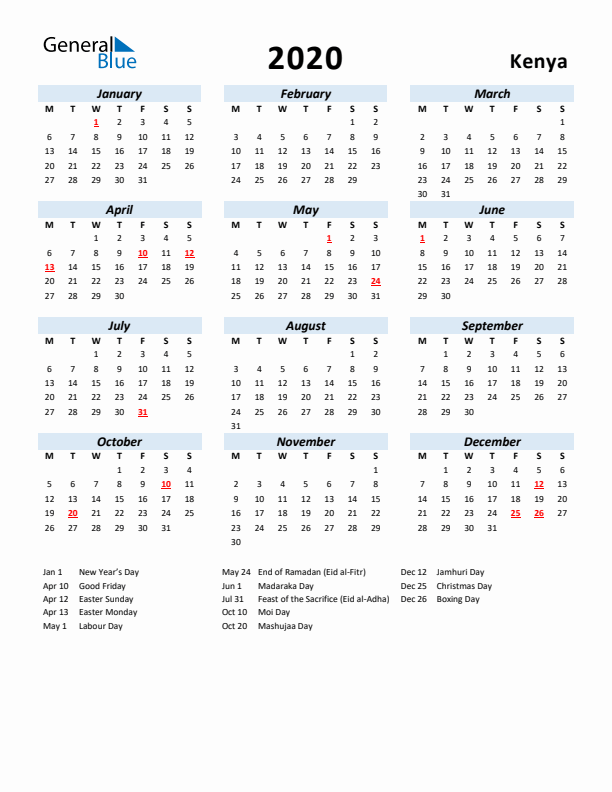 2020 Calendar for Kenya with Holidays