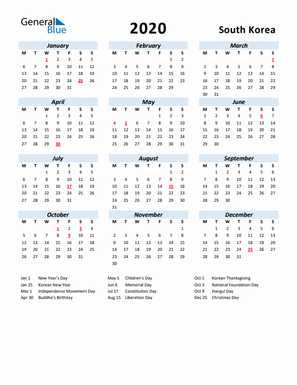 2020 Calendar for South Korea with Holidays