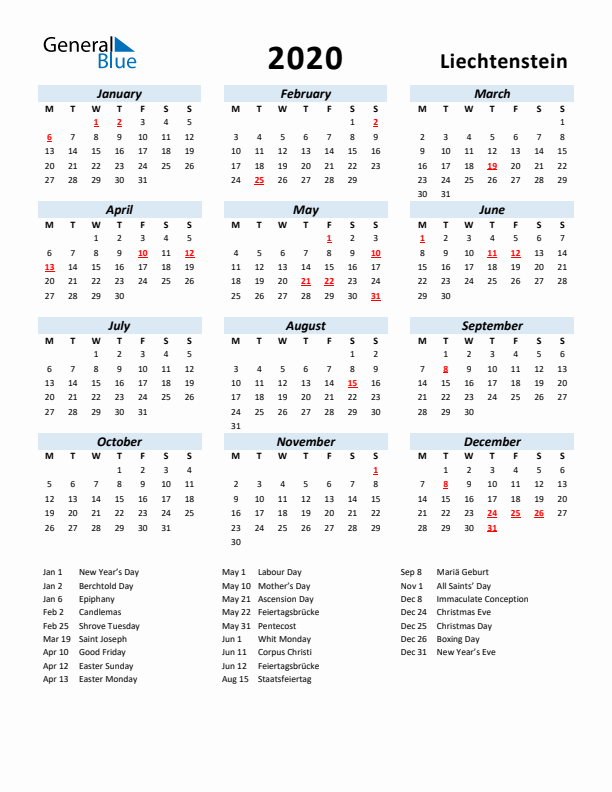 2020 Calendar for Liechtenstein with Holidays