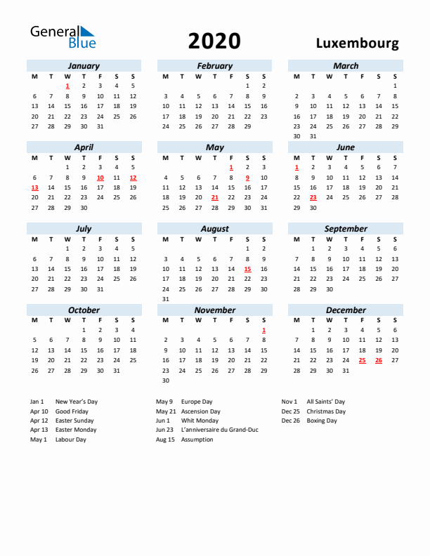 2020 Calendar for Luxembourg with Holidays