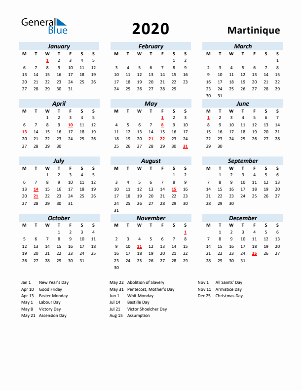 2020 Calendar for Martinique with Holidays