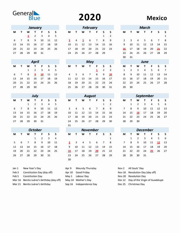 2020 Calendar for Mexico with Holidays