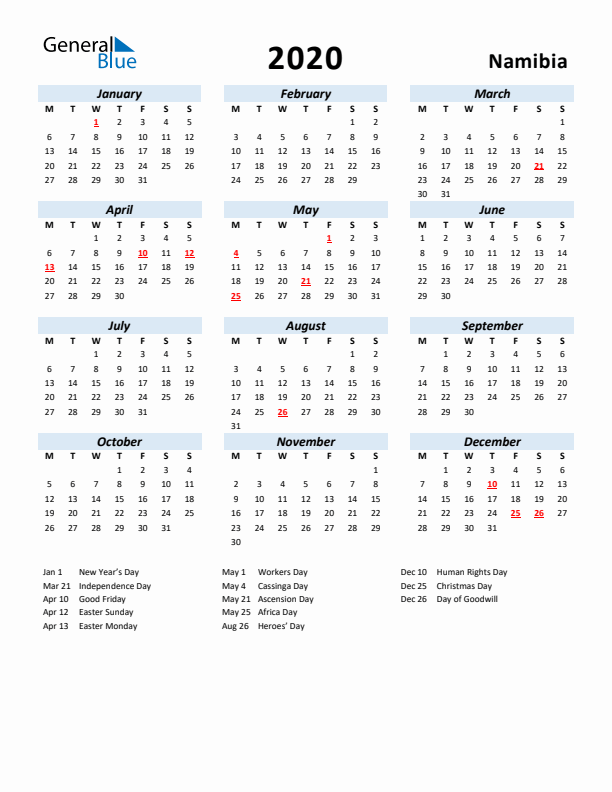 2020 Calendar for Namibia with Holidays