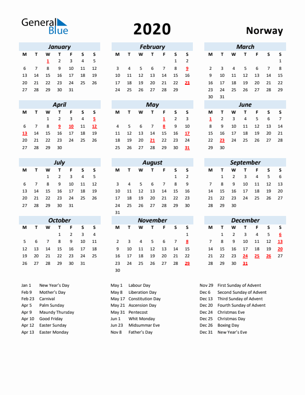 2020 Calendar for Norway with Holidays