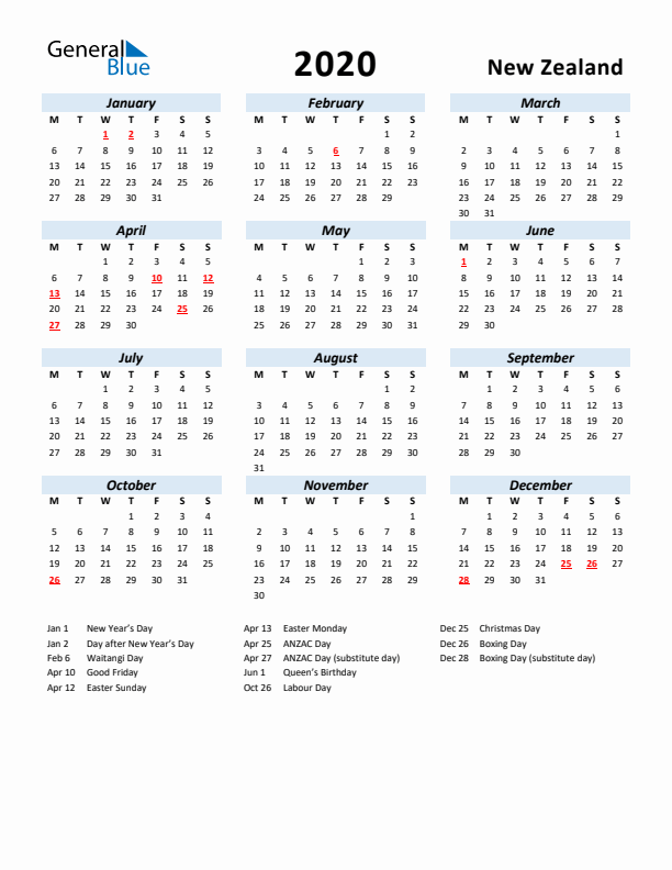 2020 Calendar for New Zealand with Holidays