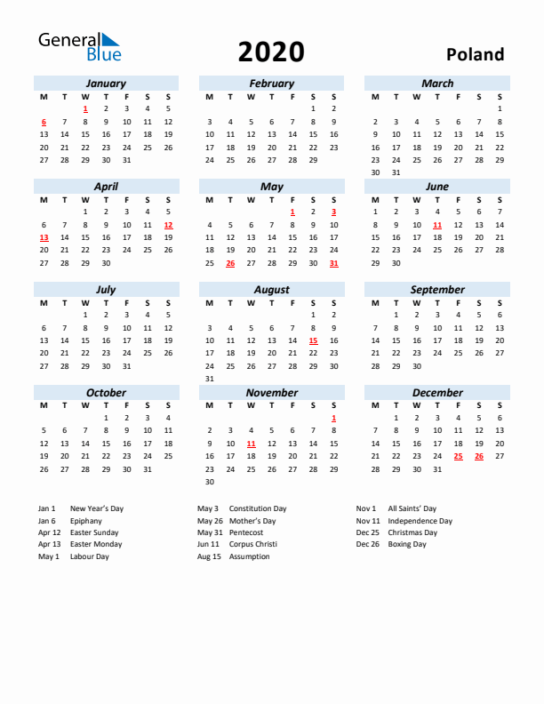 2020 Calendar for Poland with Holidays