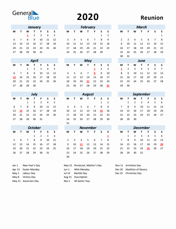 2020 Calendar for Reunion with Holidays