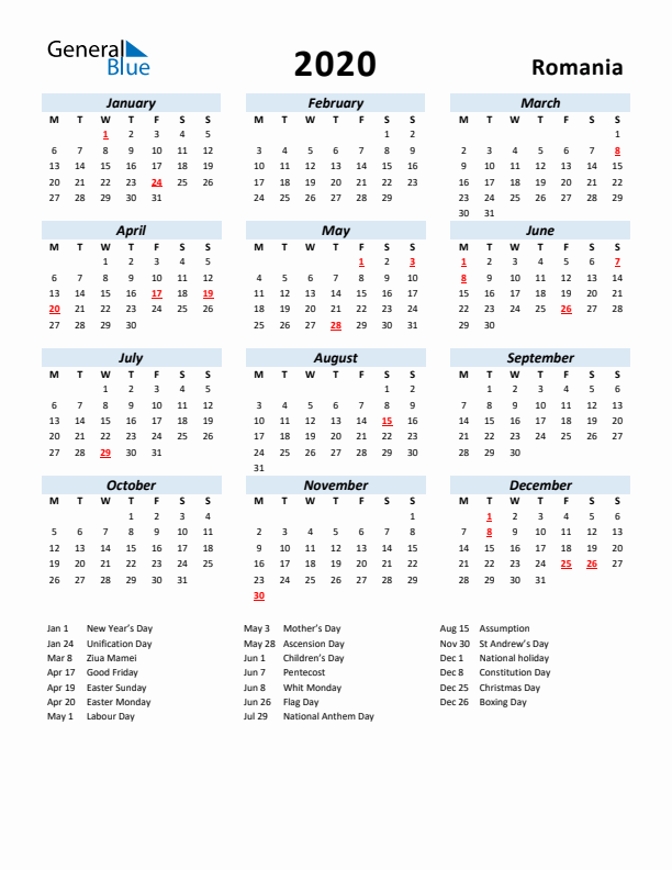 2020 Calendar for Romania with Holidays
