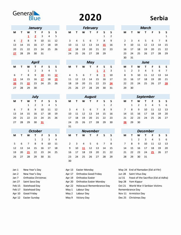 2020 Calendar for Serbia with Holidays