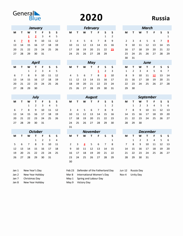 2020 Calendar for Russia with Holidays