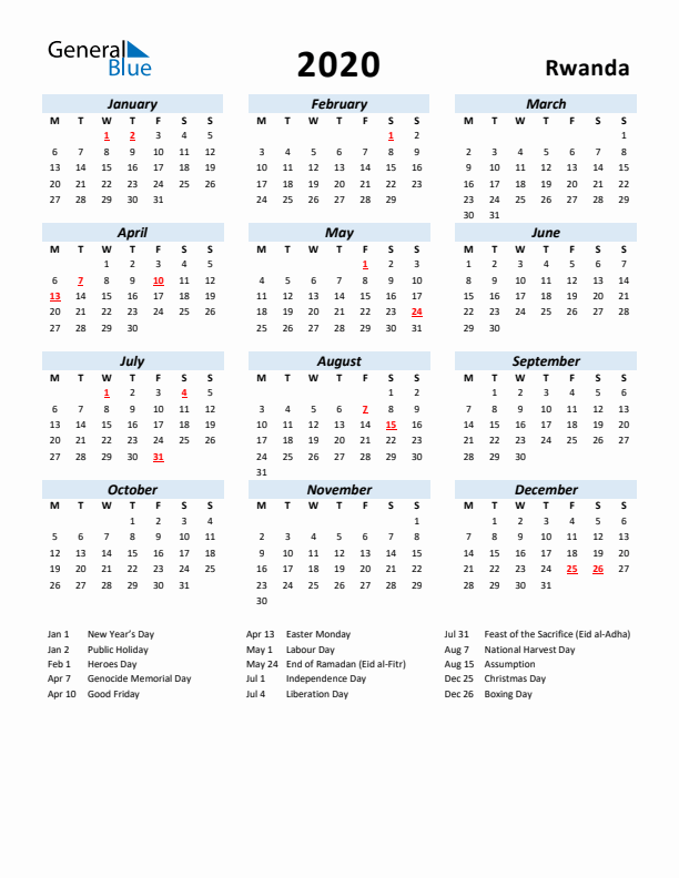 2020 Calendar for Rwanda with Holidays