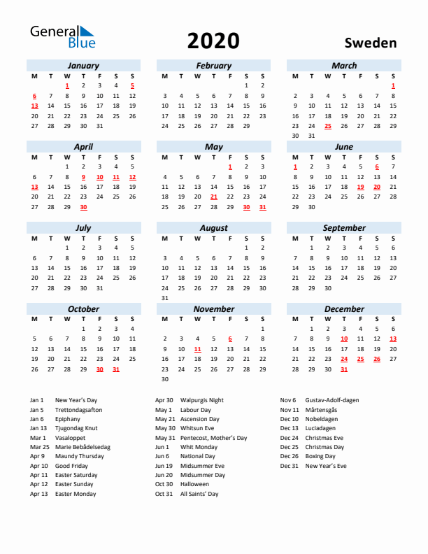 2020 Calendar for Sweden with Holidays