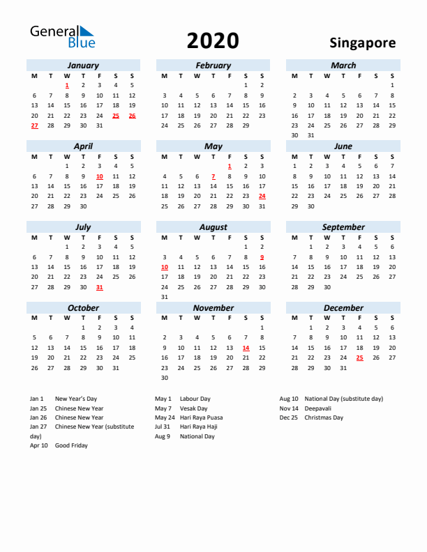 2020 Calendar for Singapore with Holidays