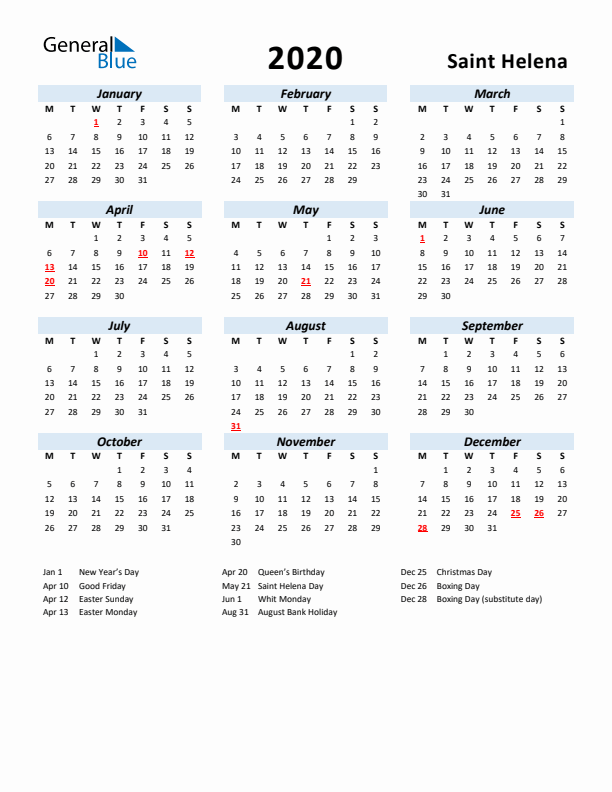 2020 Calendar for Saint Helena with Holidays