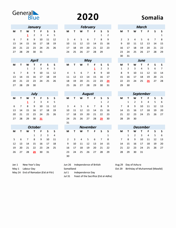 2020 Calendar for Somalia with Holidays