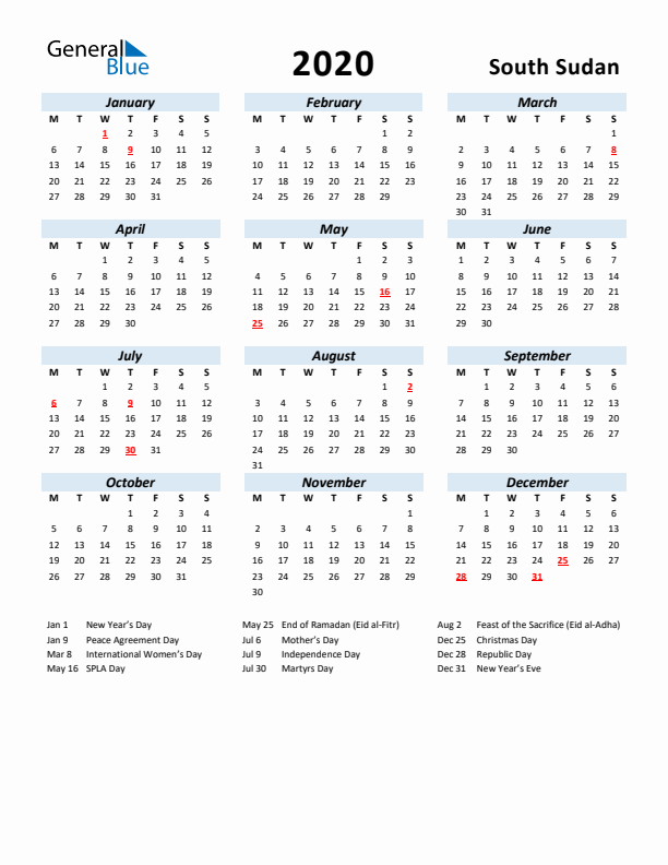 2020 Calendar for South Sudan with Holidays
