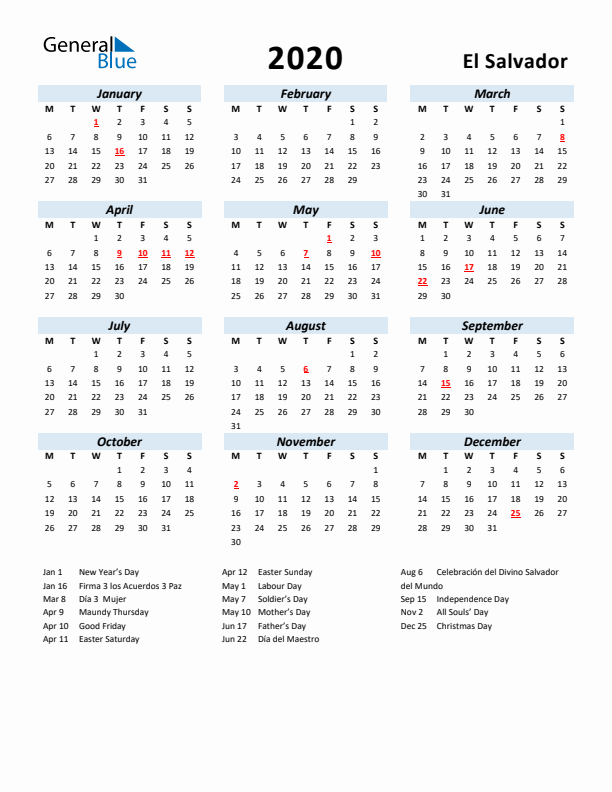2020 Calendar for El Salvador with Holidays
