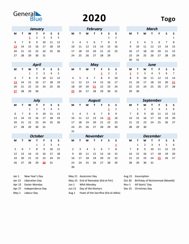 2020 Calendar for Togo with Holidays