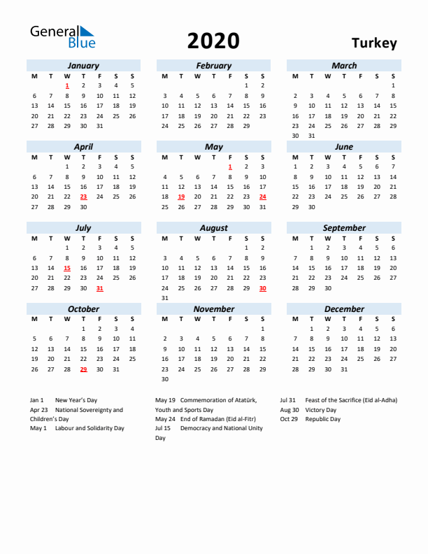 2020 Calendar for Turkey with Holidays