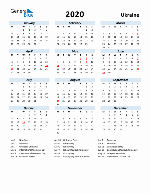 2020 Calendar for Ukraine with Holidays