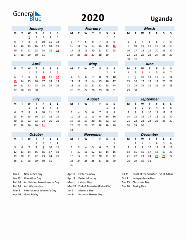 2020 Calendar for Uganda with Holidays