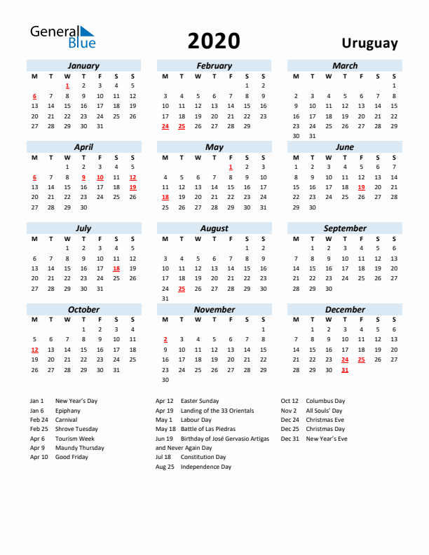 2020 Calendar for Uruguay with Holidays