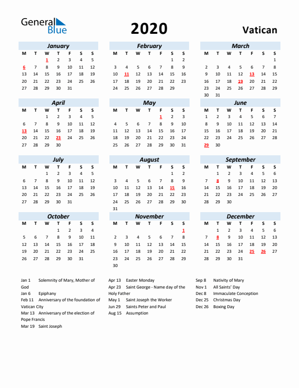 2020 Calendar for Vatican with Holidays