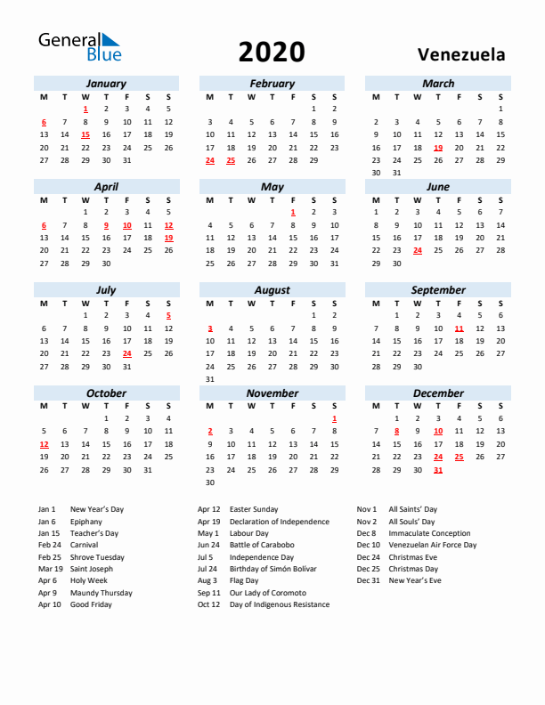 2020 Calendar for Venezuela with Holidays