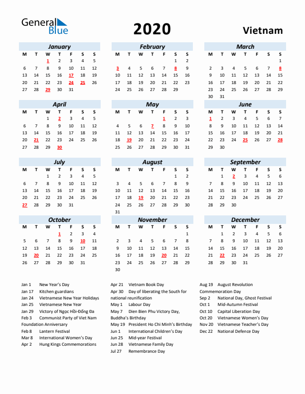 2020 Calendar for Vietnam with Holidays
