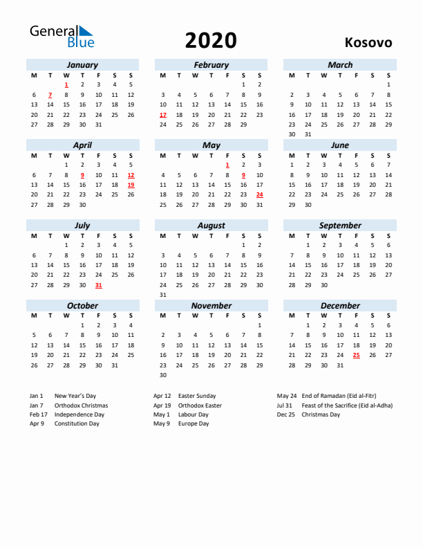 2020 Calendar for Kosovo with Holidays