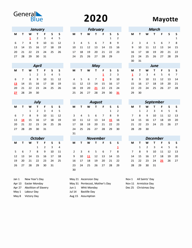 2020 Calendar for Mayotte with Holidays